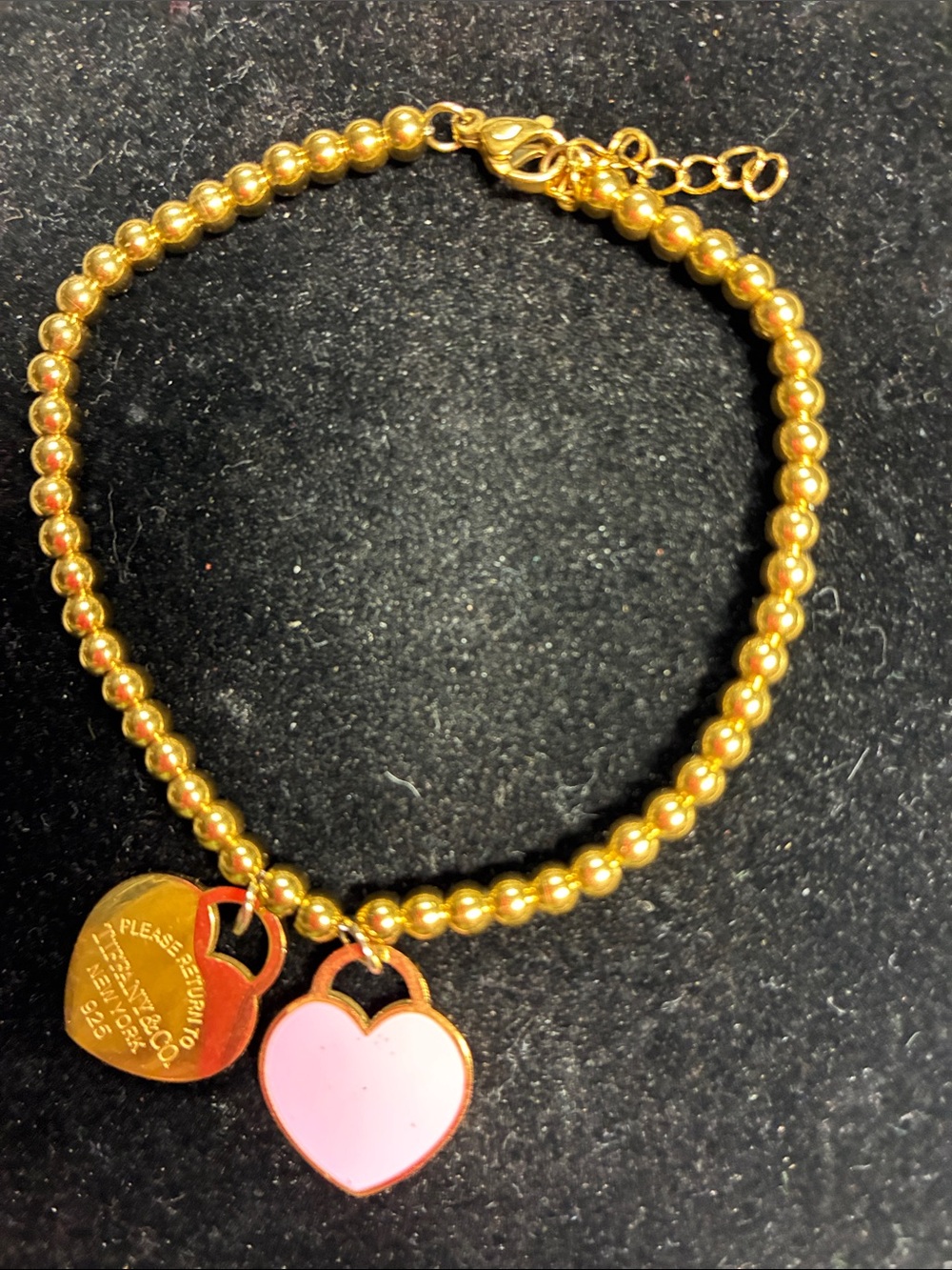 Tiffany & Co Gold Beaded Bracelet with Pink Heart Charm